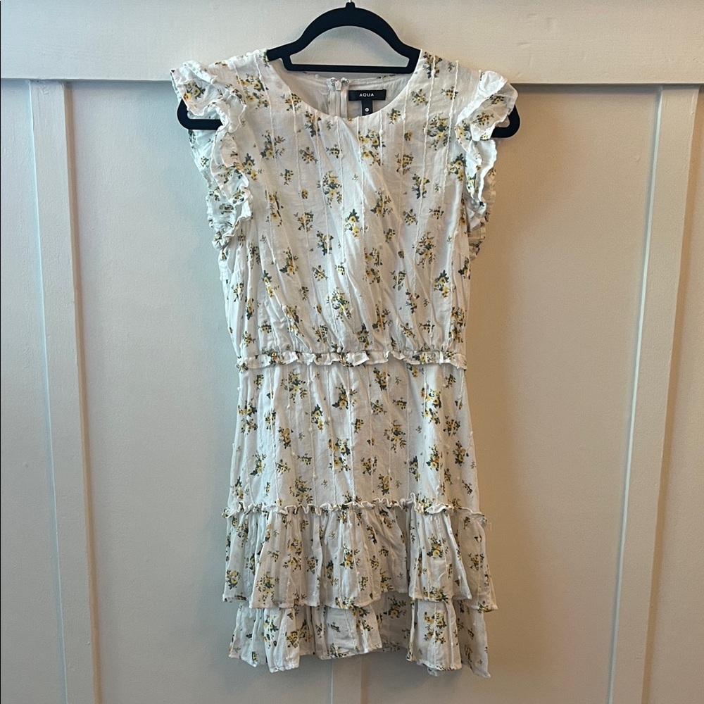 Aqua White Dress with Yellow and Green Floral Print